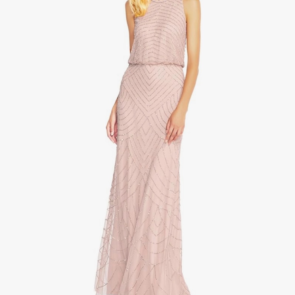 Adrianna Papell Womens Halter Blouson Beaded Gown